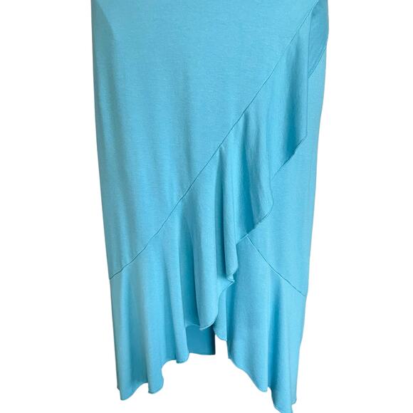 Juicy Couture Turquoise Faux Wrap Midi Dress Knit Ruffle Asymmetric Hem Sz MED - Picture 3 of 8